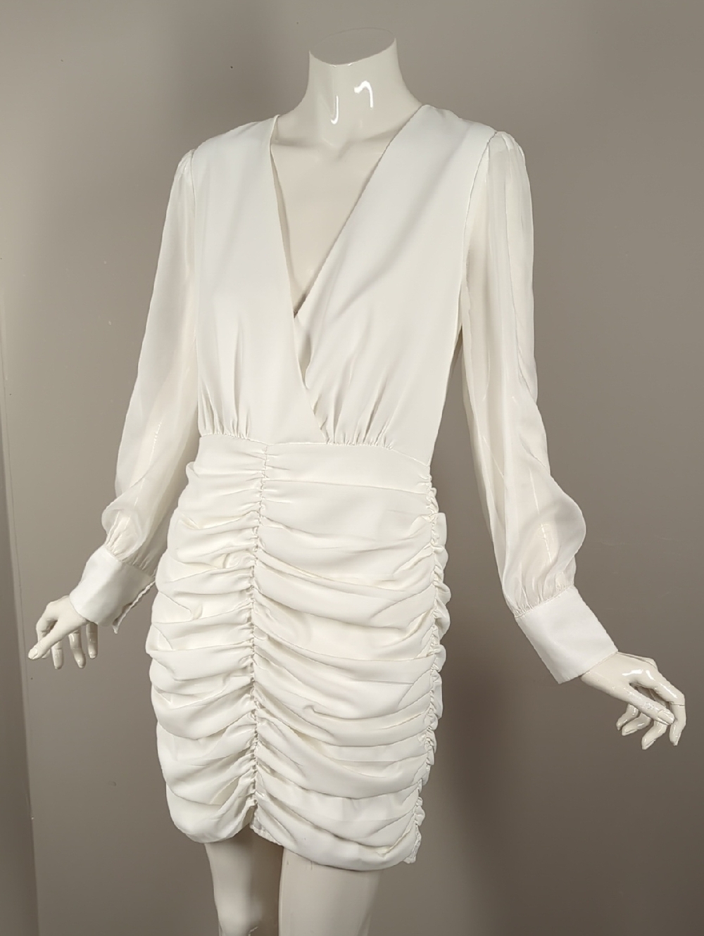 Adelyn Rae Elegant White Ruched Long-Sleeve V-Neck Dress